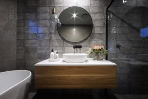 Bathroom interior design and styling. Interior design and styling by Studio Black Interiors, Denman Prospect Residence, Canberra, Australia.